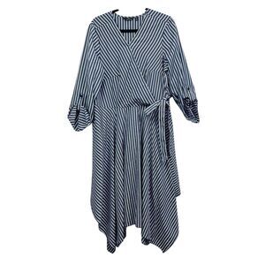 Mlle Gabrielle Womens Midi Dress‎ Faux Wrap Striped Handkerchief Hem Blue Sz 1X
